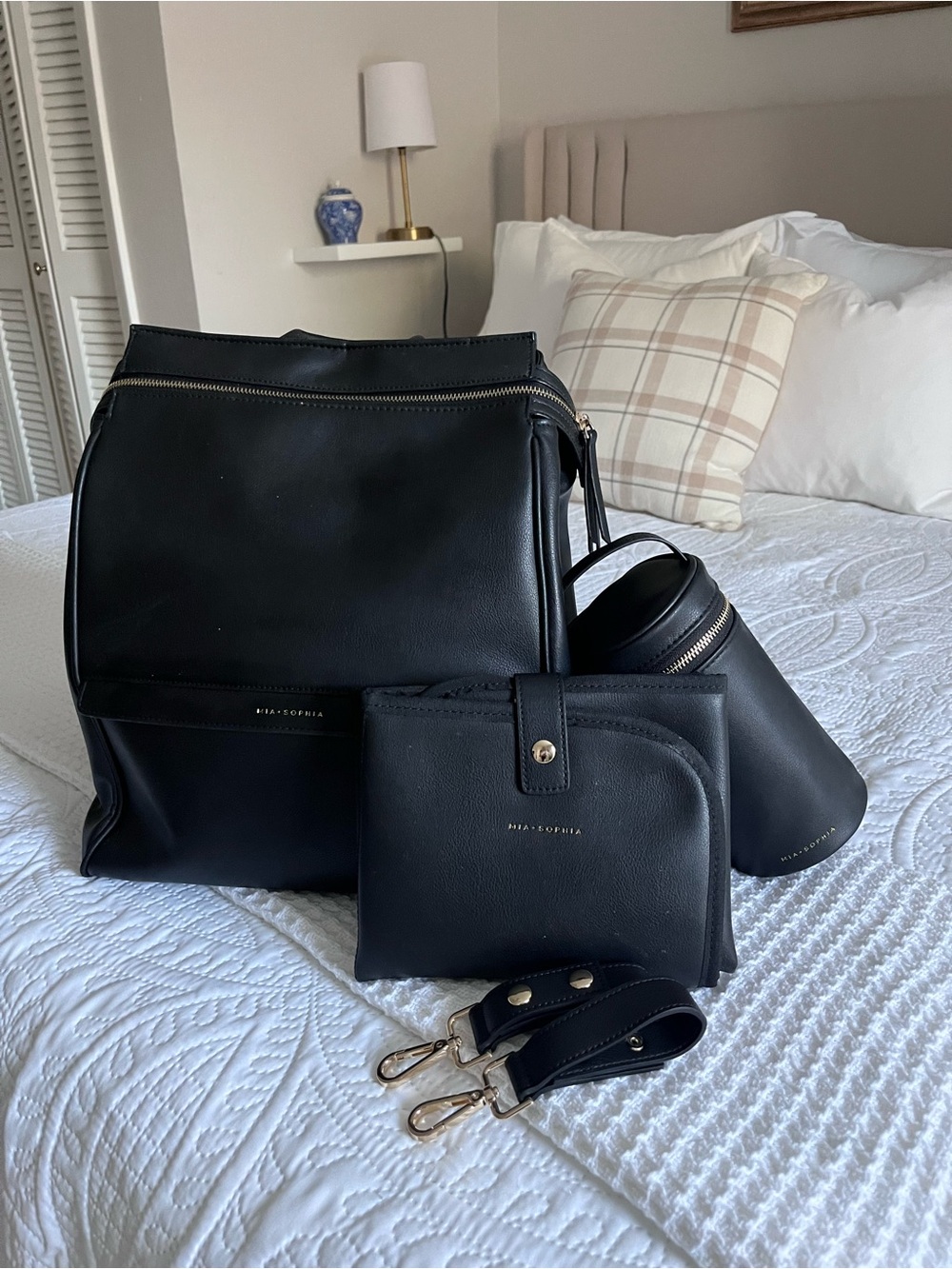 Mia + Sophia Black Leather Diaper Bag with Accessories
